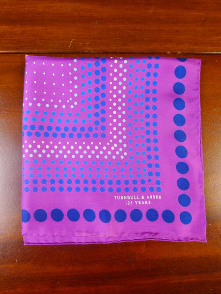 24/0314 Turnbull & asser Jermyn St. pink purple blue circle pattern 125 years anniversary all silk pocket square
