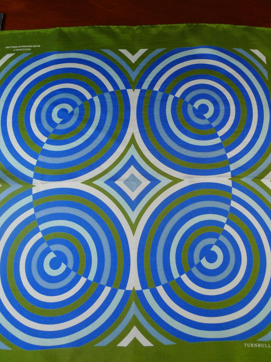 24/0306 Turnbull & asser Jermyn St. green blue geometric pattern all silk pocket square