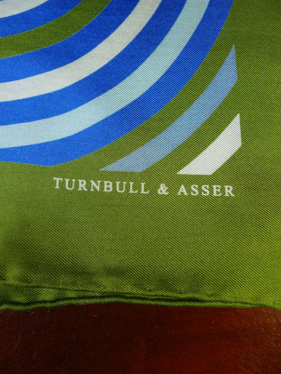24/0306 Turnbull & asser Jermyn St. green blue geometric pattern all silk pocket square