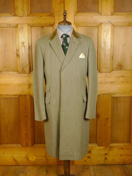 24/0427a wonderful vintage aquascutum venetian twill covert coat w/ ticket pocket & velvet collar 41-42 long