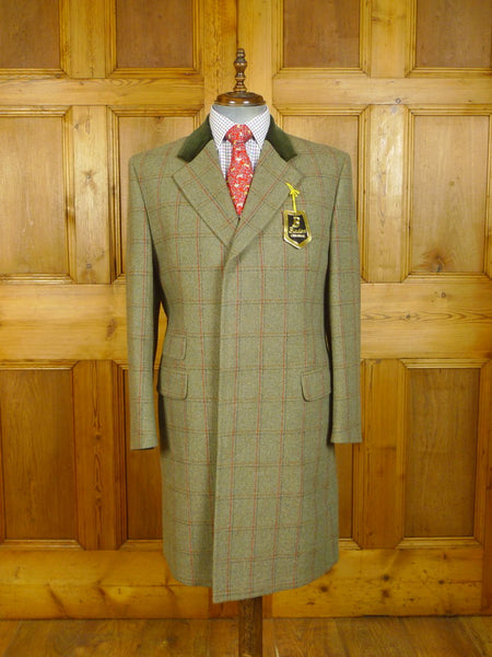 24/0470 new w/ tags deadstock bladen green wp check tweed 'paddock' topcoat overcoat w/ velvet collar 42 regular