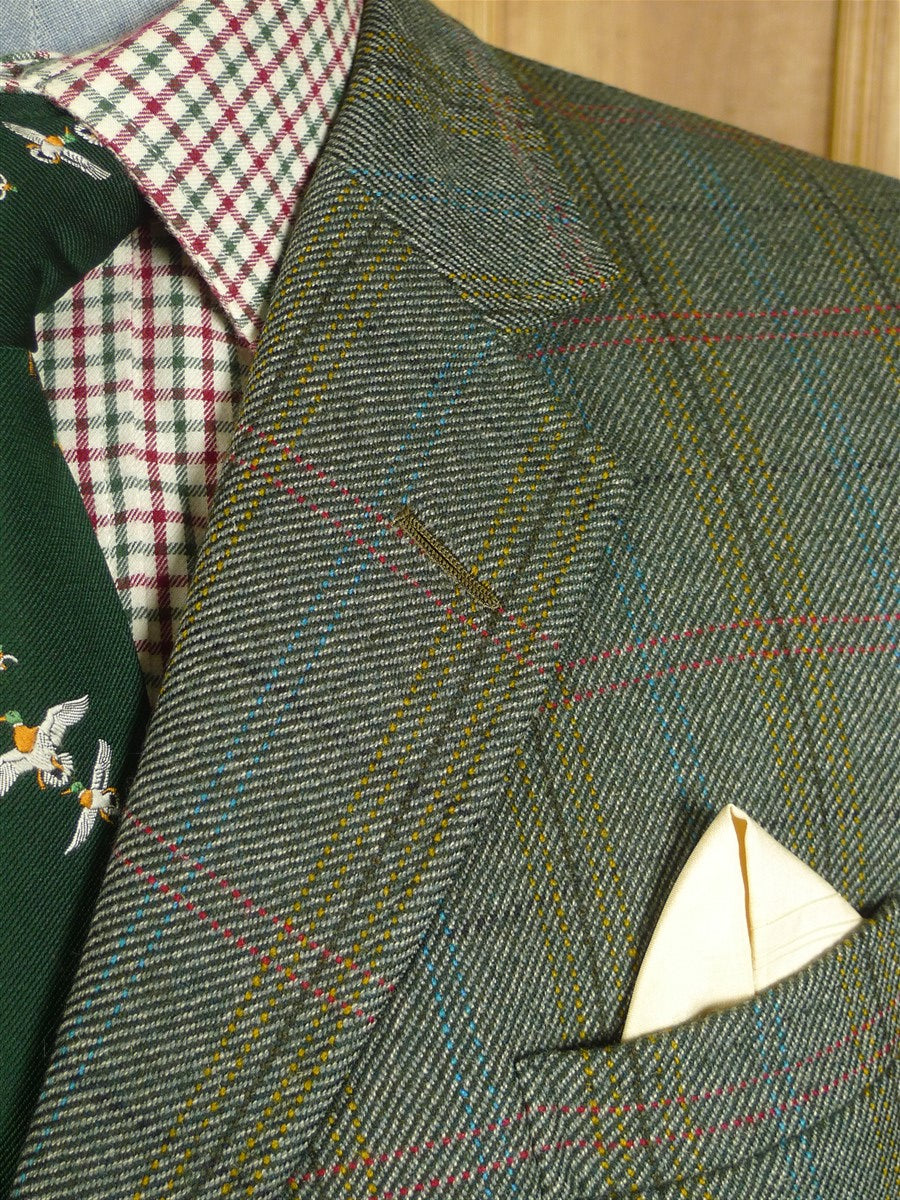 24/0479 exceptional vintage old bond st london bespoke green wp check tweed norfolk jacket w/ back strap 42 regular