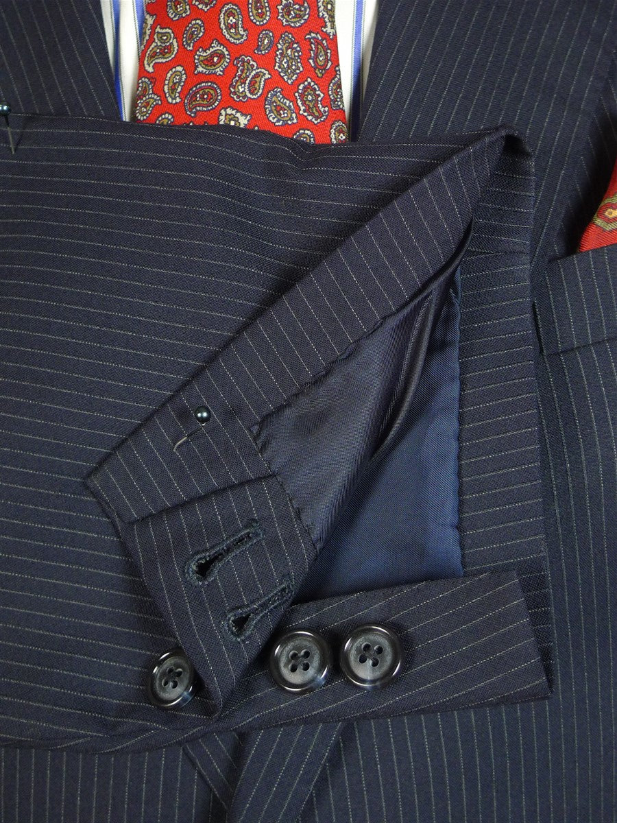 24/0595 immaculate apsley mayfair bespoke 2009 super 120s wool navy blue pin-stripe suit 42 short