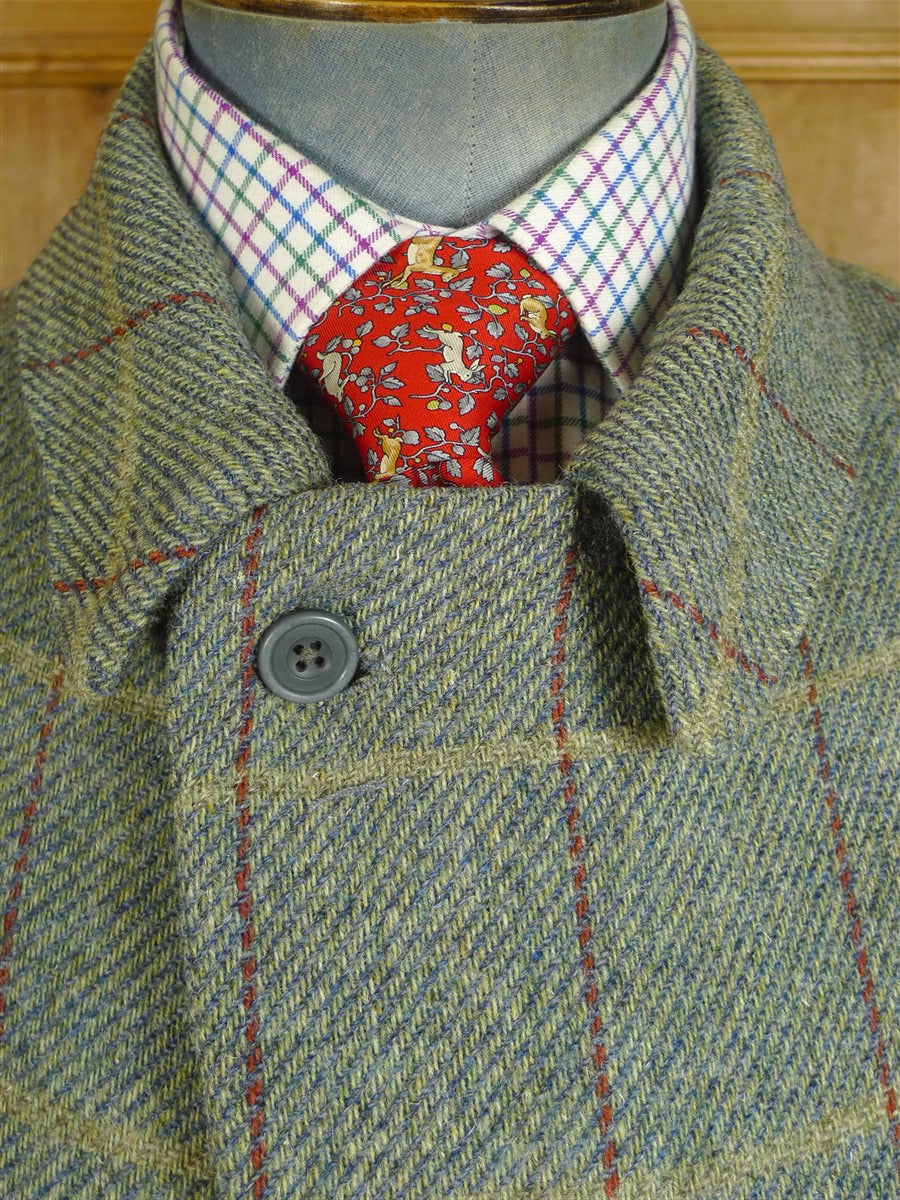 080824/02 amazing 1999 anderson & sheppard savile row bespoke grey wp check tweed field coat w/ tattersall lining 44-45 regular