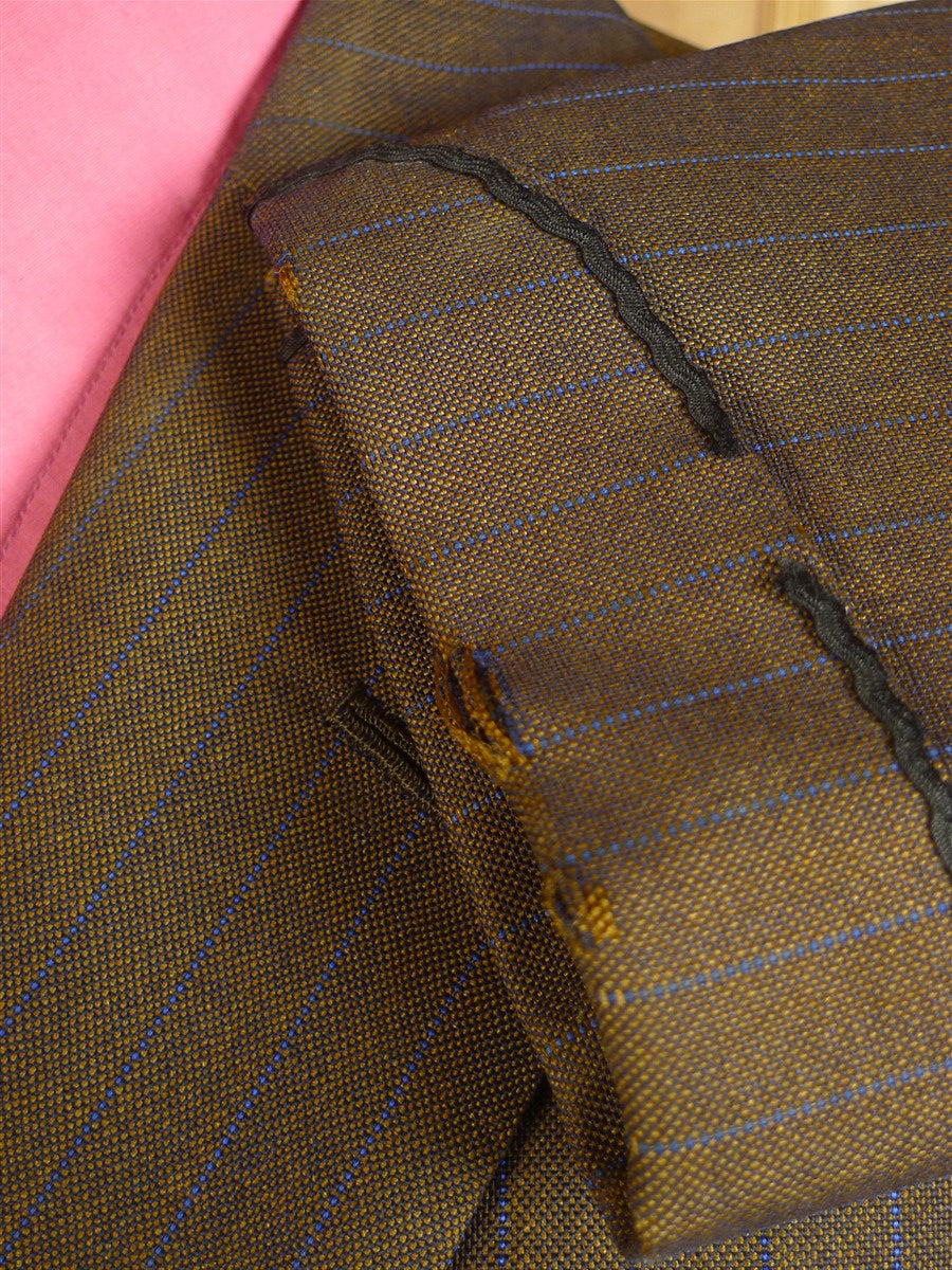 24/1109 beautiful 1974 vintage cyril a castle savile row conduit st brown / blue stripe mohair suit w/ paisley linings 43 short to regular