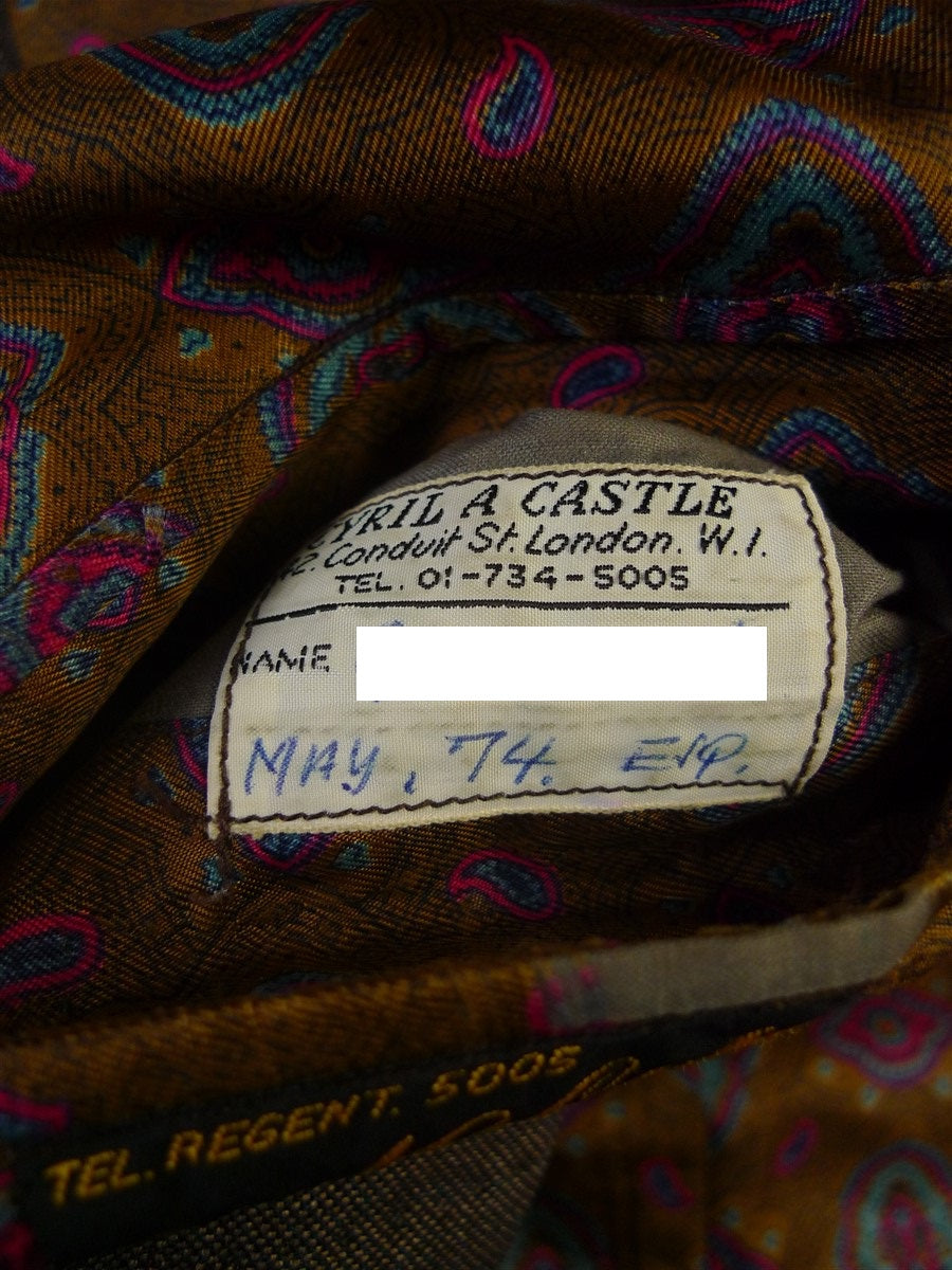 24/1112 wonderful 1974 vintage cyril a castle savile row conduit st brown wp check mohair suit w/ paisley linings 43 short to regular