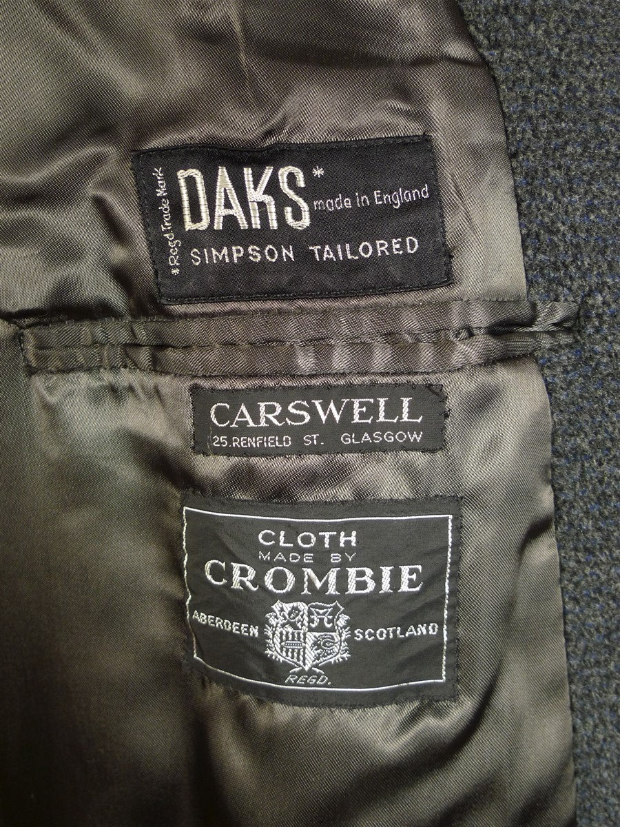 25/0053 superb genuine 1950s vintage daks crombie extra heavyweight textured wool grey / blue 2-tone fleck d/b overcoat w/ belt 41-43