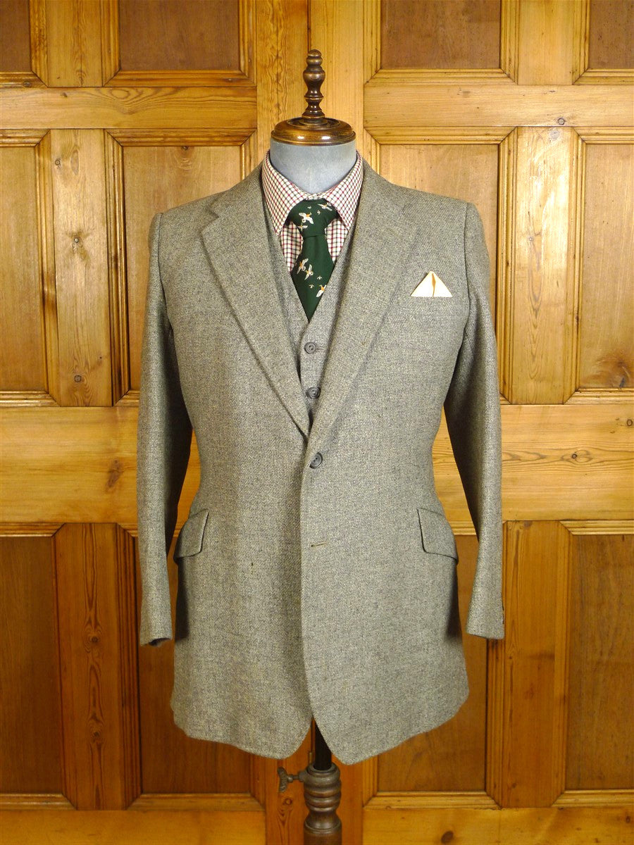 25/0060 vintage 1971 huntsman savile row bespoke heavyweight grey tweed 3-piece suit 40 regular