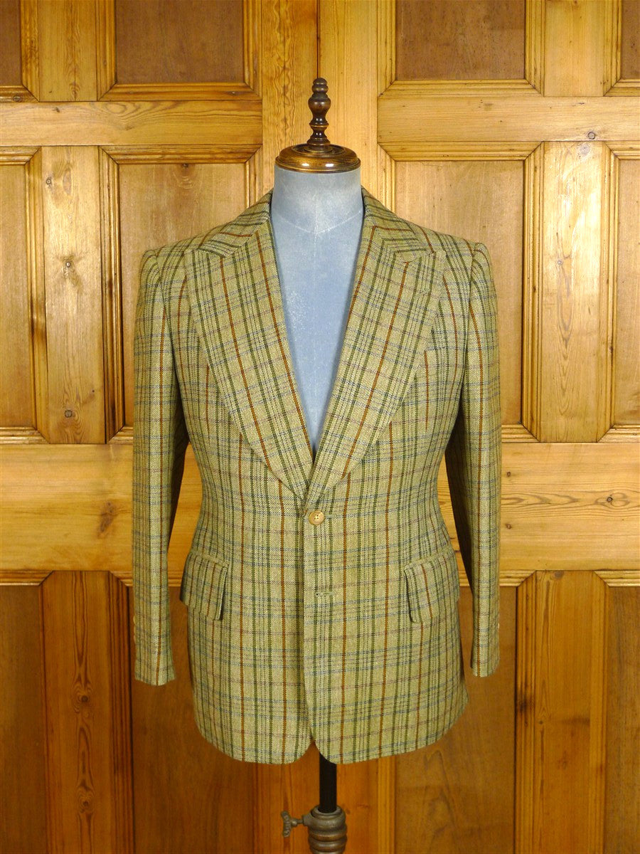 25/0246 stunning & very rare original 1975 tommy nutter 'nutters' savile row bespoke green bold check tweed suit w/ wide lapels and boot-leg 38-39 short