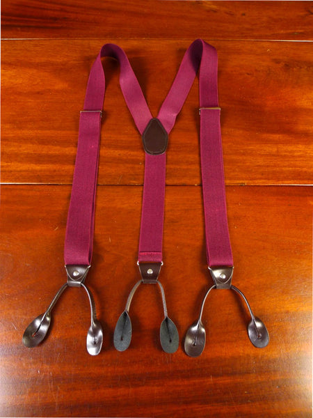 25/0369 immaculate quality woven elastic burgundy braces w/ brown leather ends multi-fit