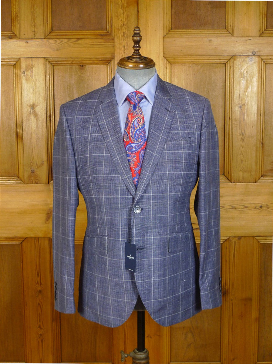 25/0398 new w/tags hackett london pale blue wp check wool & linen suit 40 regular