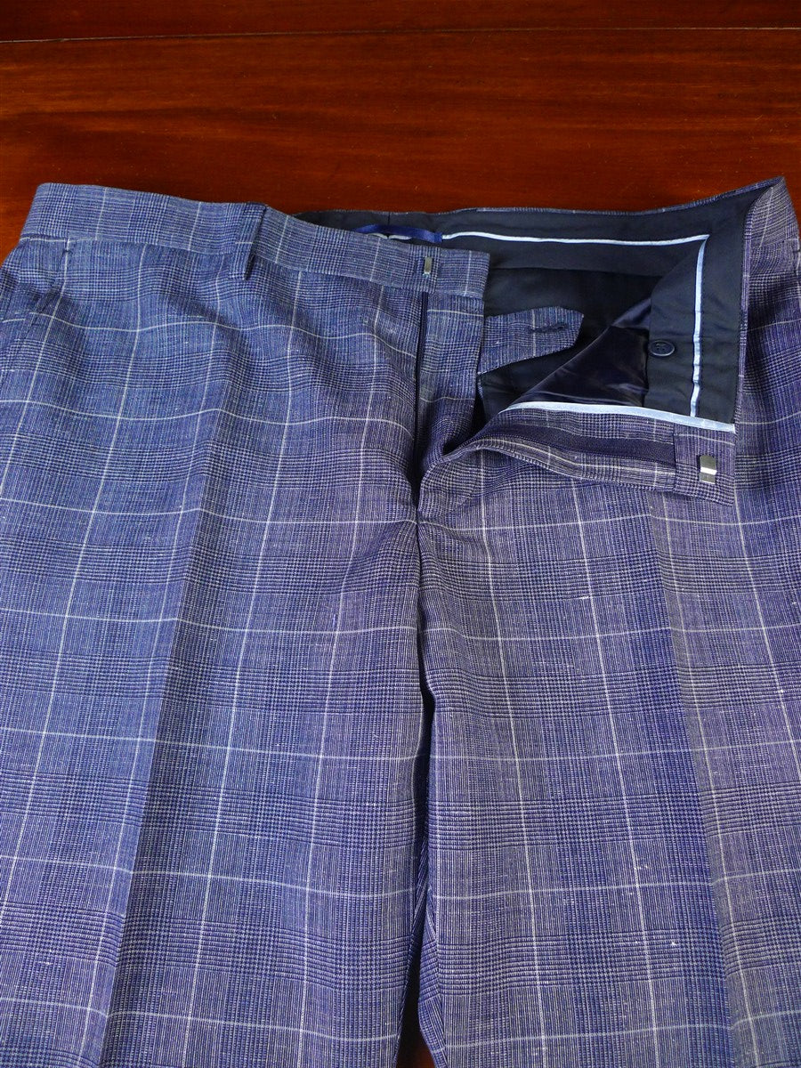 25/0398 new w/tags hackett london pale blue wp check wool & linen suit 40 regular