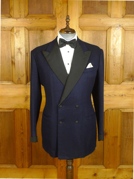 25/0714 vintage 1983 anderson & sheppard savile row bespoke midnight blue herringbone cashmere d/b smoking jacket w/ grosgrain peak lapel 45 long