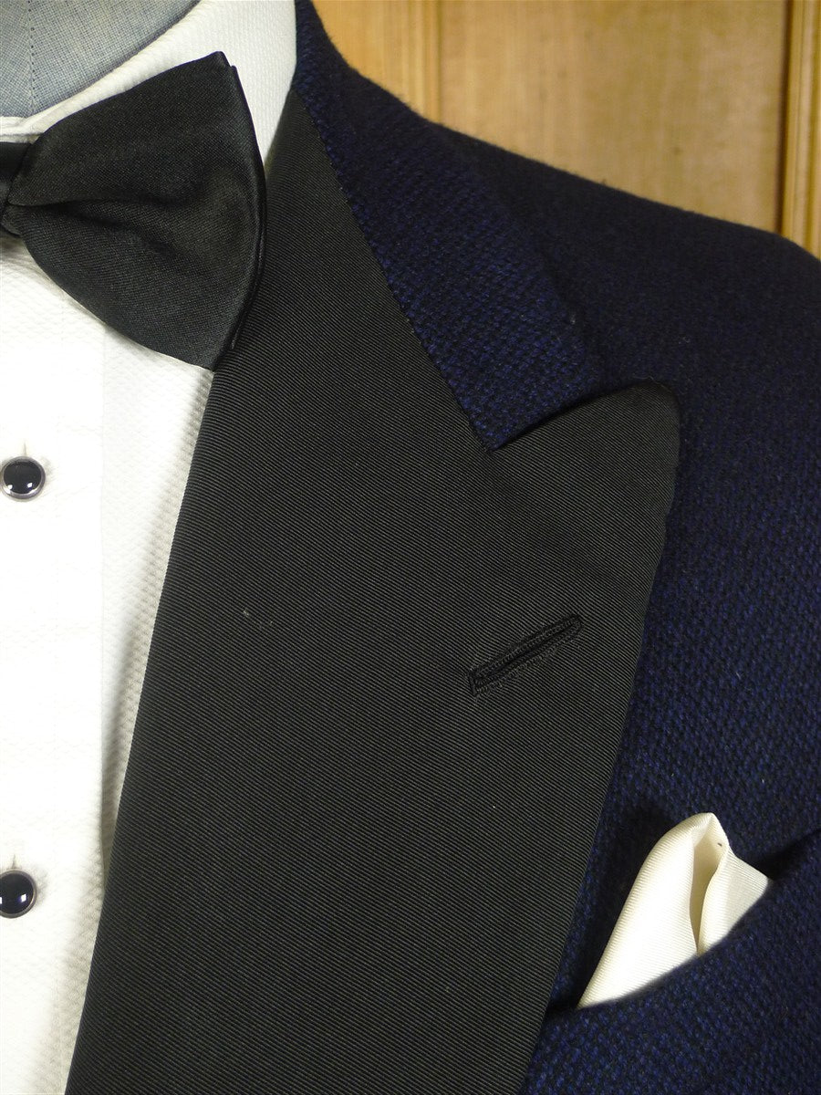 25/0714 vintage 1983 anderson & sheppard savile row bespoke midnight blue herringbone cashmere d/b smoking jacket w/ grosgrain peak lapel 45 long