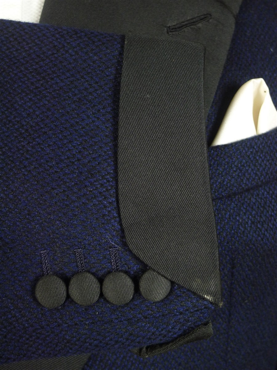 25/0714 vintage 1983 anderson & sheppard savile row bespoke midnight blue herringbone cashmere d/b smoking jacket w/ grosgrain peak lapel 45 long