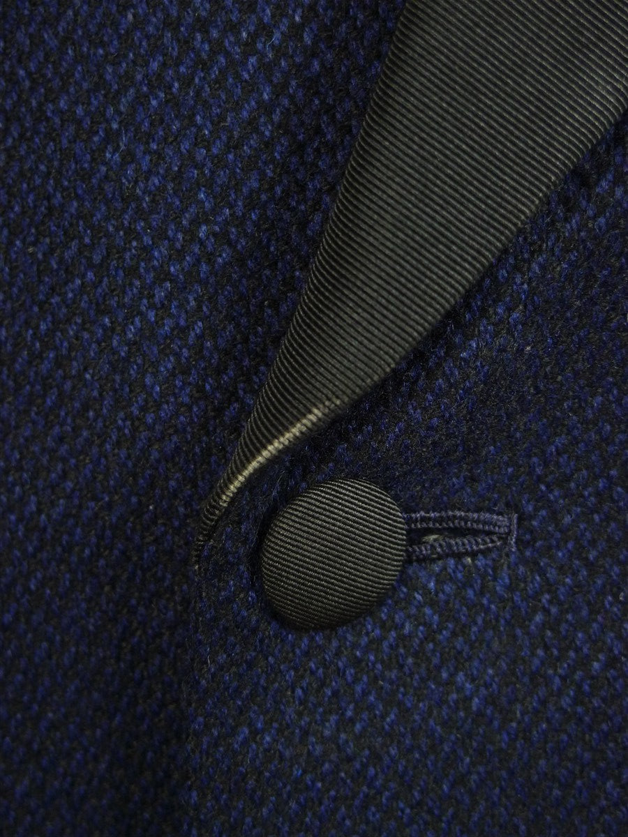 25/0714 vintage 1983 anderson & sheppard savile row bespoke midnight blue herringbone cashmere d/b smoking jacket w/ grosgrain peak lapel 45 long