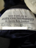 25/0714 vintage 1983 anderson & sheppard savile row bespoke midnight blue herringbone cashmere d/b smoking jacket w/ grosgrain peak lapel 45 long