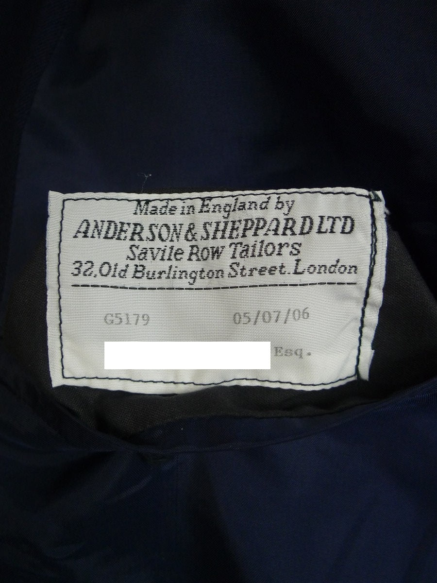 25/0716 anderson & sheppard 2006 savile row bespoke navy blue d/b worsted & mohair blazer 47 extra long
