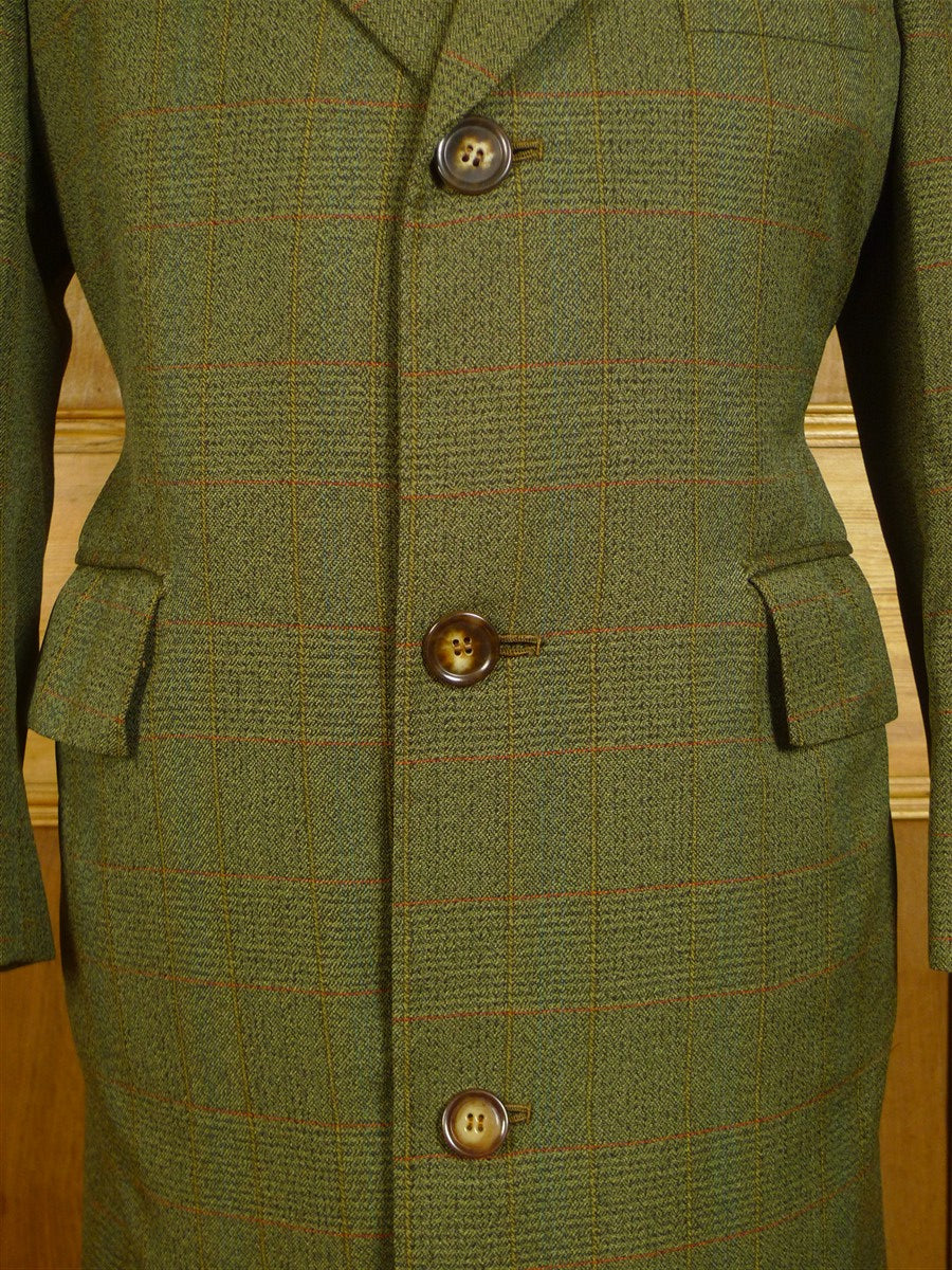 25/0721 wonderful 1960s vintage british green check worsted twist tweed 'mod' coat overcoat 36-38