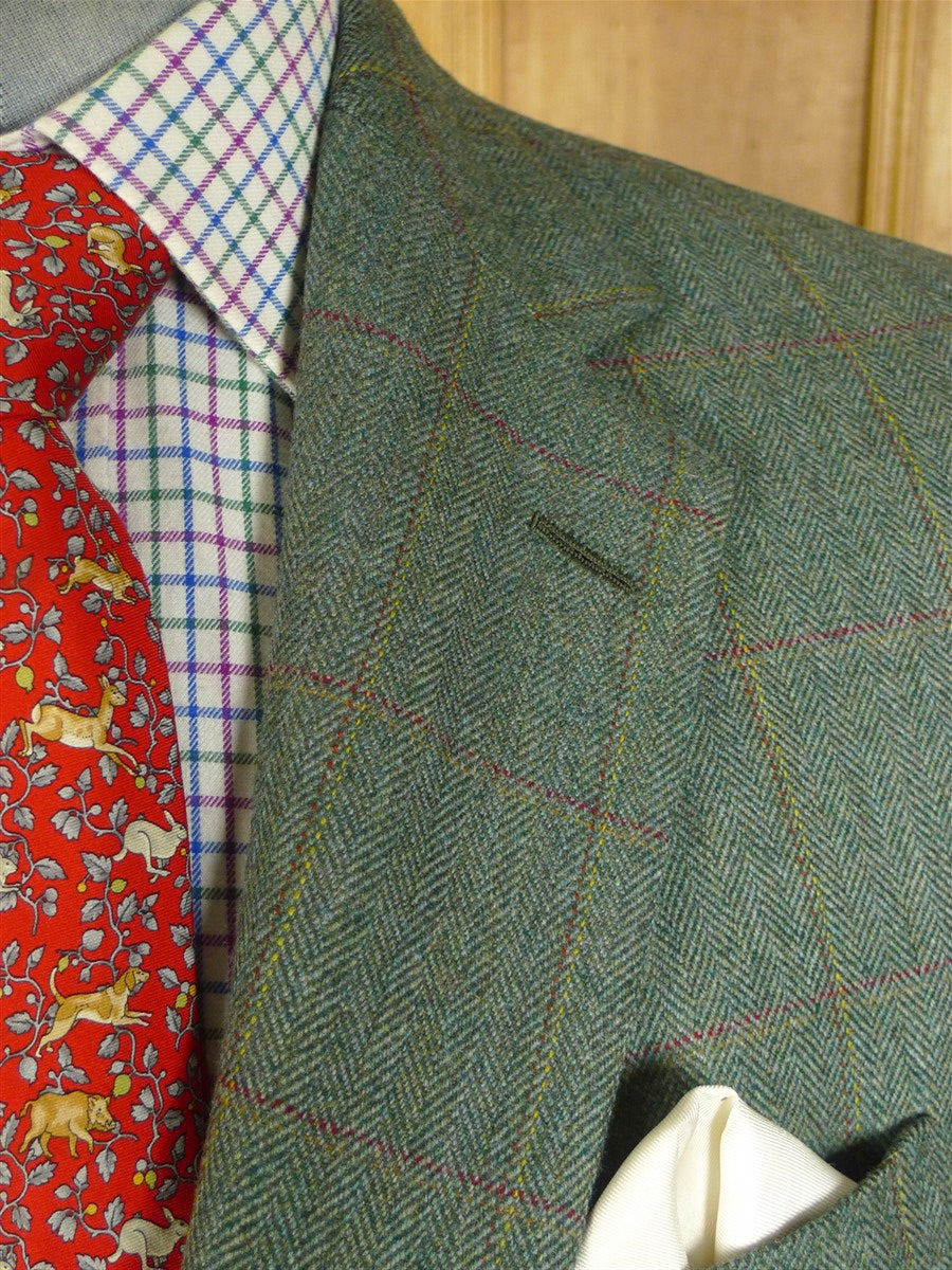 25/0807 phillip alexander 2019 savile row bespoke green wp check tweed jacket w/ gauntlet cuff 42 long