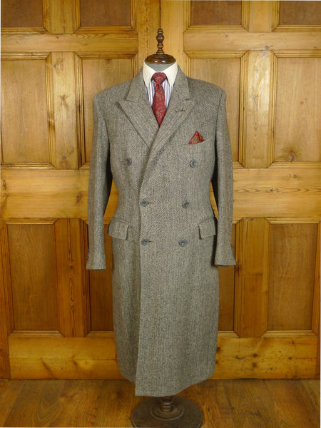 25/0820 superb vintage ward & kruger savile row bespoke full length d/b grey herringbone tweed overcoat 41-42 long