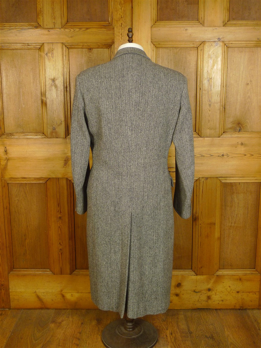 25/0820 superb vintage ward & kruger savile row bespoke full length d/b grey herringbone tweed overcoat 41-42 long