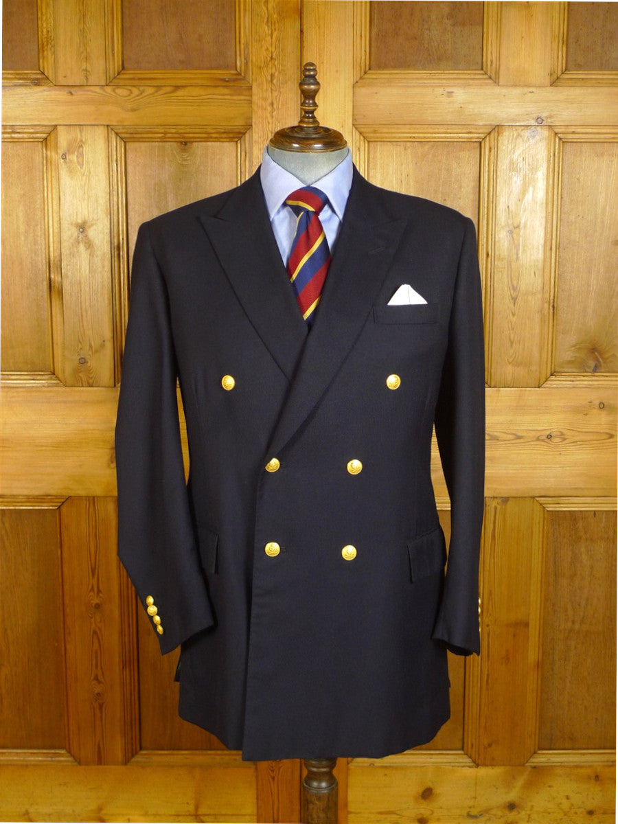 25/0806 meyer & mortimer 2016 savile row bespoke navy blue d/b worsted blazer w/ gold buttons 44 extra long