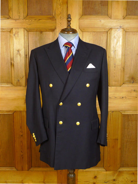 25/0806 meyer & mortimer 2016 savile row bespoke navy blue d/b worsted blazer w/ gold buttons 44 extra long