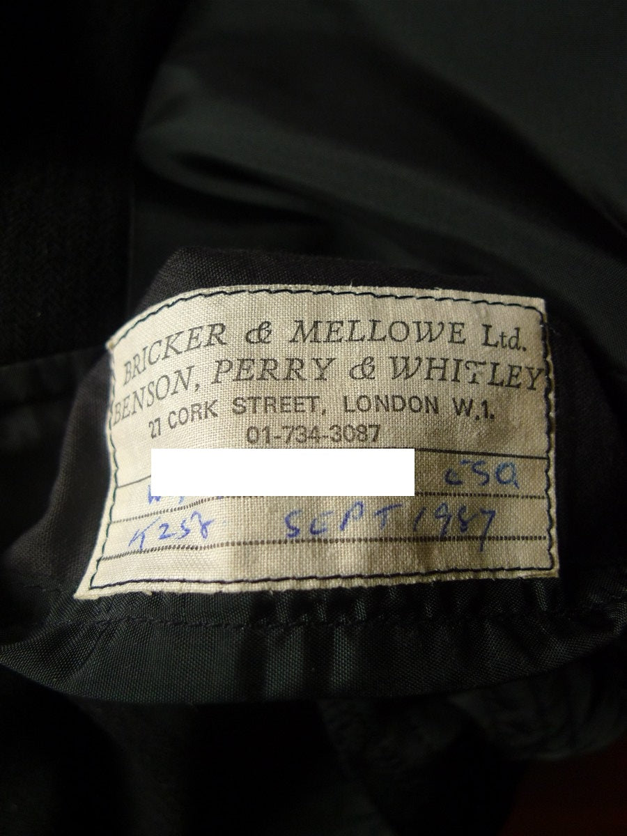 25/0825 immaculate vintage 1987 savile row bespoke black herringbone worsted morning coat 41 long