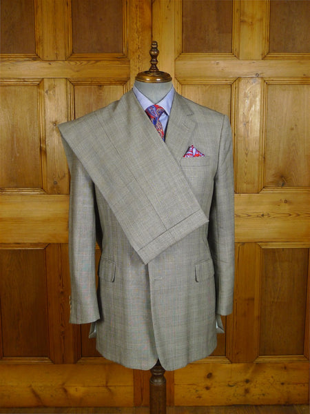 25/0817 meyer & mortimer 2018 savile row bespoke grey / blue prince of wales check worsted flannel suit 40 long