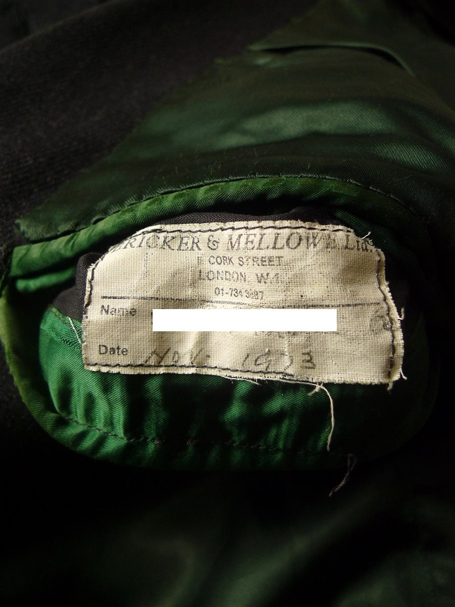 25/0822 vintage 1973 savile row bespoke heavyweight d/b grey overcoat w/ silk velvet collar 42 long