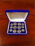 25/0845 mint bespoke gold metal / blue cornell university crest blazer buttons set in velvet box