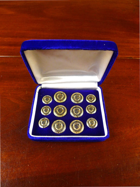 25/0845 mint bespoke gold metal / blue cornell university crest blazer buttons set in velvet box