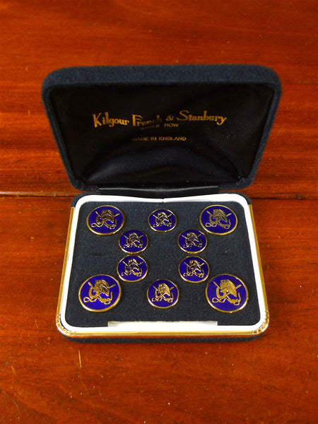 25/0848 mint kilgour french & stanbury savile row bespoke blue / gold crest blazer buttons set in velvet box