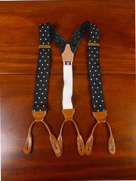 25/0863 albert thurston black / white polka dot woven silk braces w/ tan brown leather ends multifit
