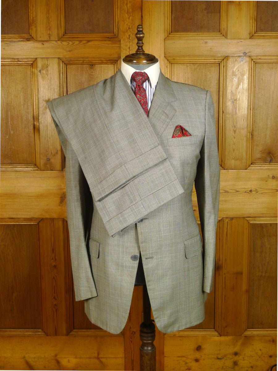 25/0867 denman & goddard 1995 savile row bespoke grey / blue prince of wales check worsted suit w/ 2 pair trs 42 long