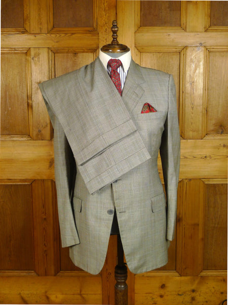 25/0867 denman & goddard 1995 savile row bespoke grey / blue prince of wales check worsted suit w/ 2 pair trs 42 long
