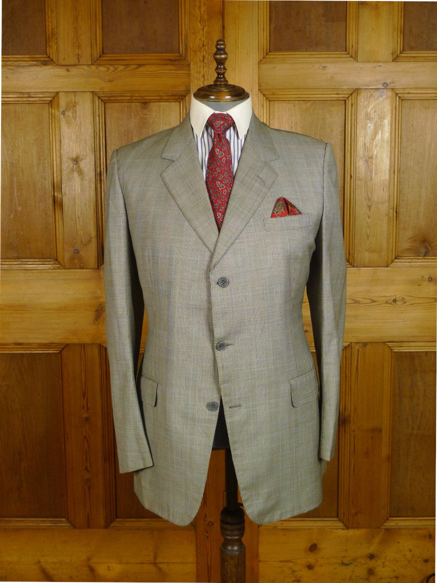 25/0867 denman & goddard 1995 savile row bespoke grey / blue prince of wales check worsted suit w/ 2 pair trs 42 long