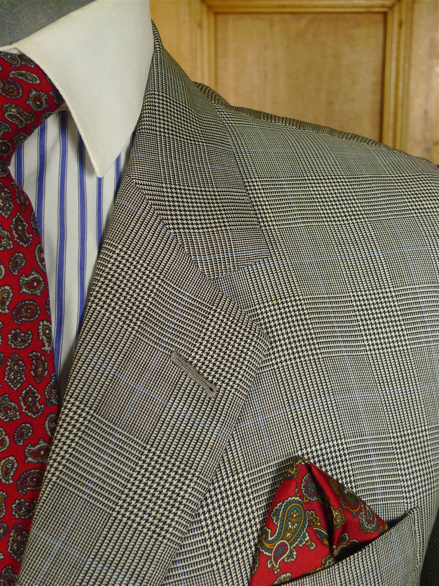 25/0867 denman & goddard 1995 savile row bespoke grey / blue prince of wales check worsted suit w/ 2 pair trs 42 long