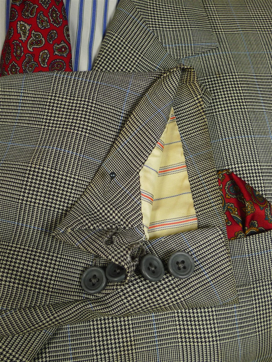 25/0867 denman & goddard 1995 savile row bespoke grey / blue prince of wales check worsted suit w/ 2 pair trs 42 long