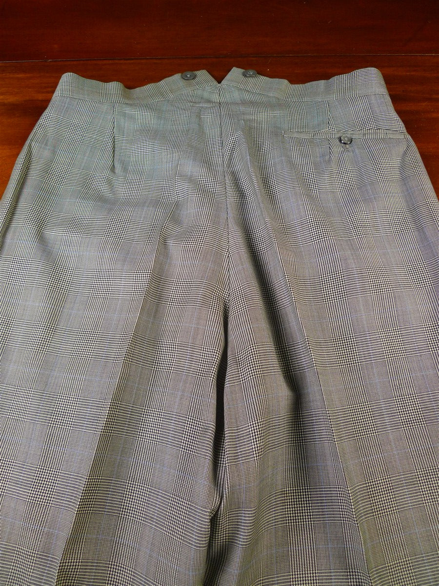 25/0867 denman & goddard 1995 savile row bespoke grey / blue prince of wales check worsted suit w/ 2 pair trs 42 long