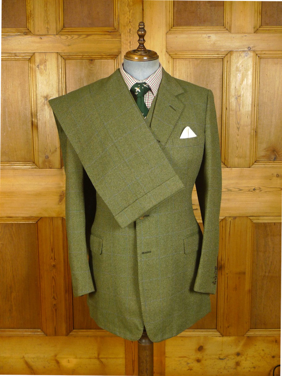 25/0868 superb denman & goddard 1996 savile row bespoke green / blue wp check 3-piece tweed suit w/ghillie collar 40 long