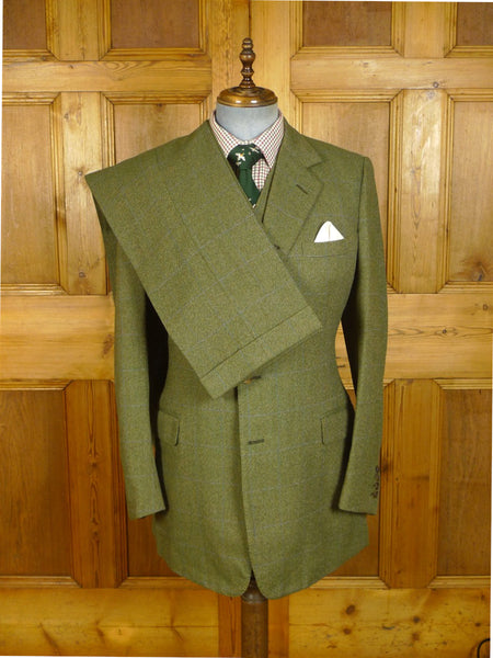 25/0868 superb denman & goddard 1996 savile row bespoke green / blue wp check 3-piece tweed suit w/ghillie collar 40 long