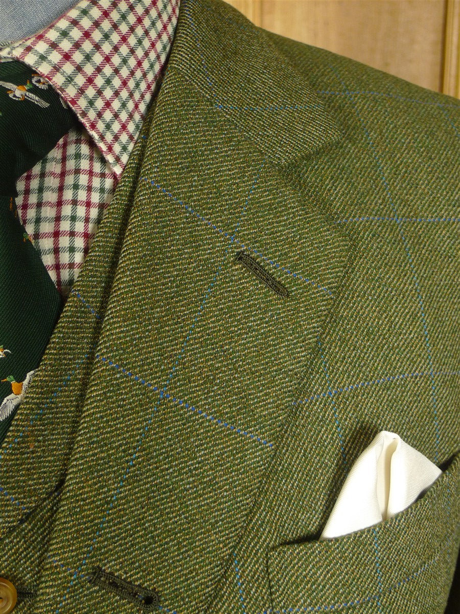 25/0868 superb denman & goddard 1996 savile row bespoke green / blue wp check 3-piece tweed suit w/ghillie collar 40 long
