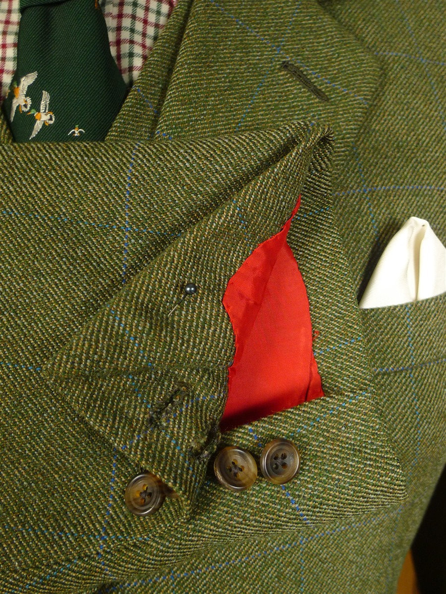 25/0868 superb denman & goddard 1996 savile row bespoke green / blue wp check 3-piece tweed suit w/ghillie collar 40 long