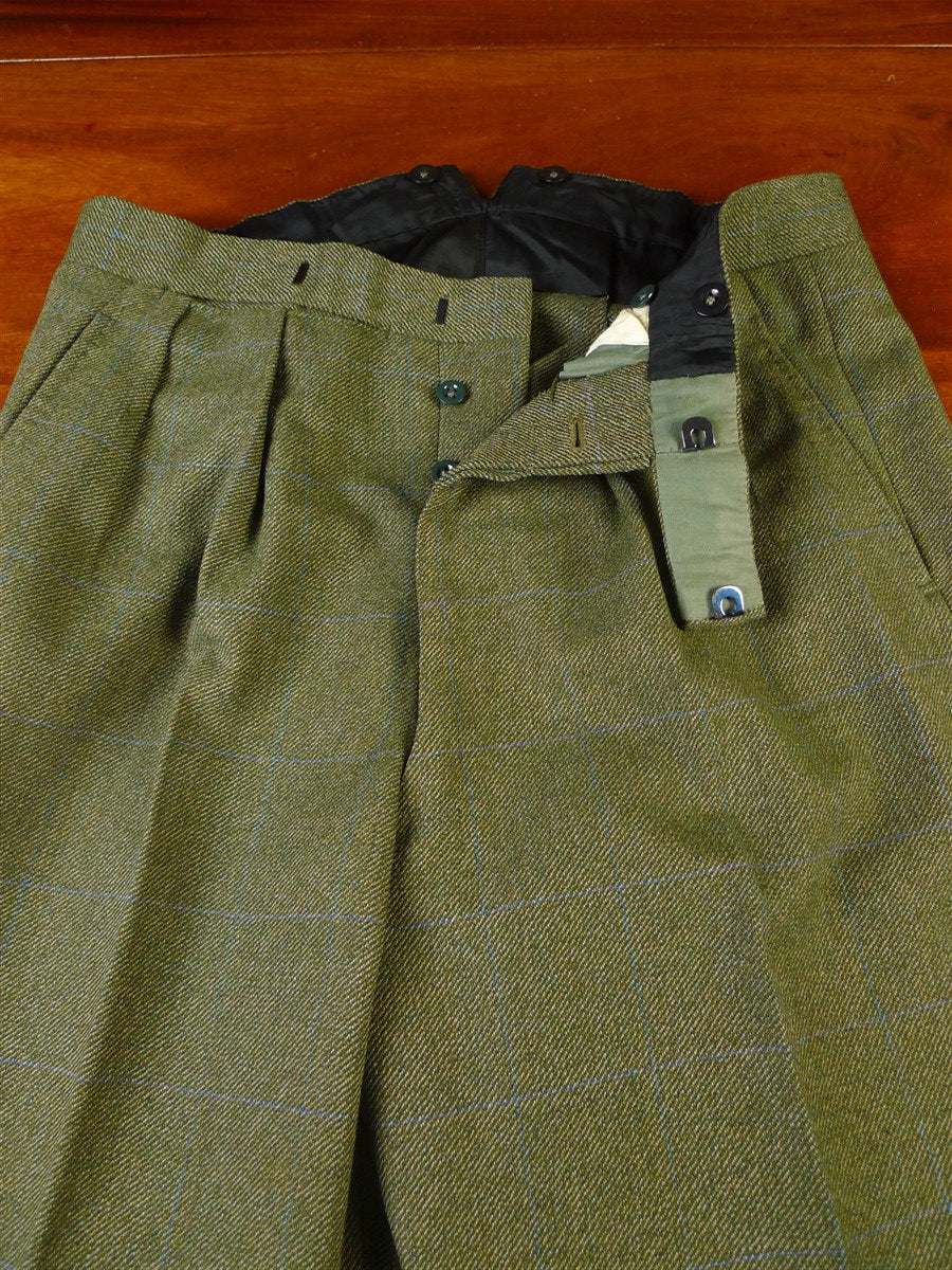 25/0868 superb denman & goddard 1996 savile row bespoke green / blue wp check 3-piece tweed suit w/ghillie collar 40 long