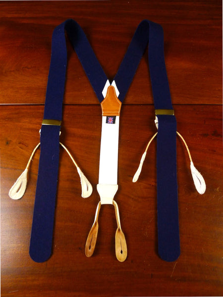 26/0002 immaculate quality british navy blue boxcloth braces w/ white leather ends multifit