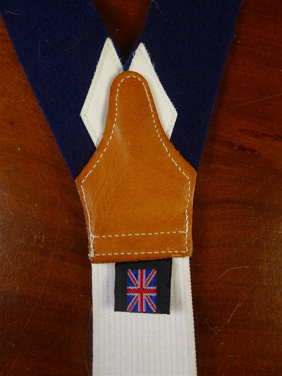 26/0002 immaculate quality british navy blue boxcloth braces w/ white leather ends multifit