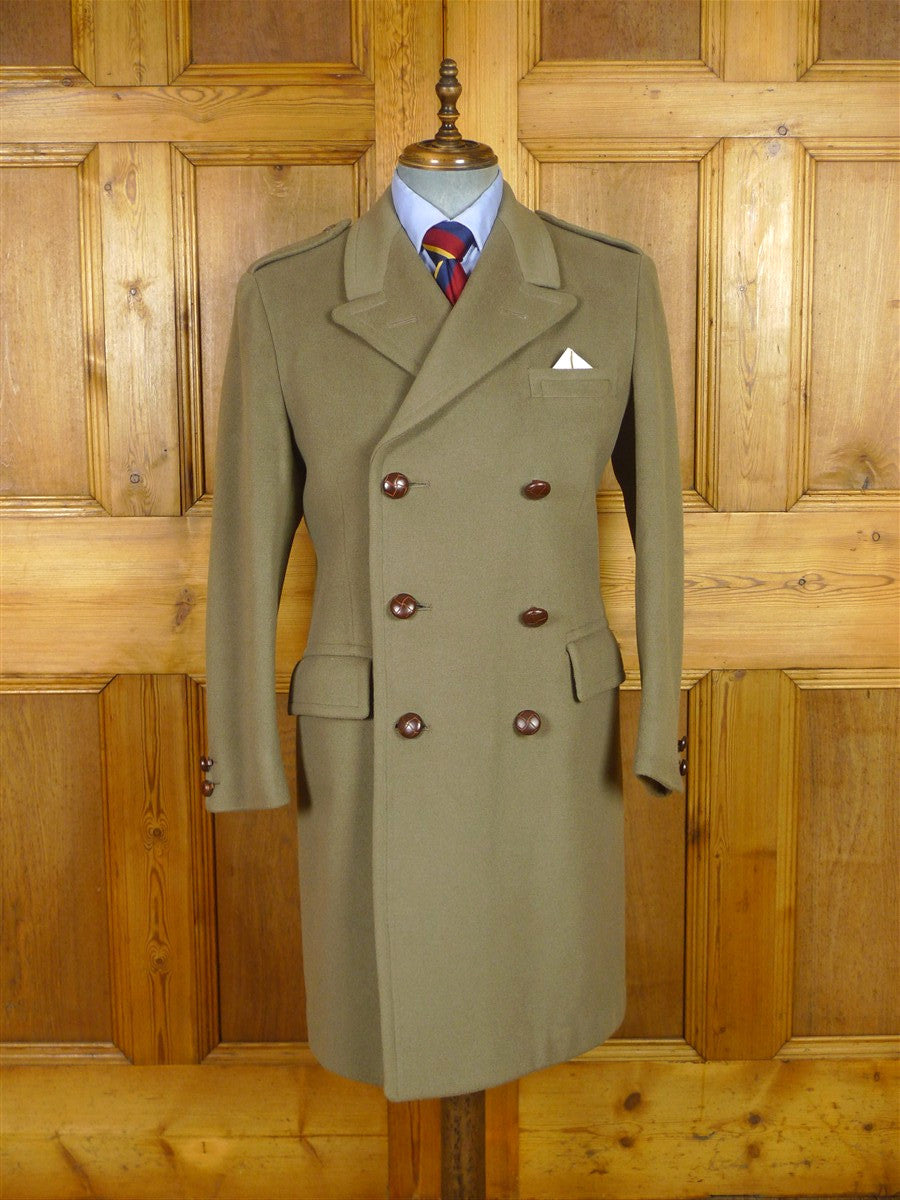 25/1051 immaculate vintage crombie melton wool british warm overcoat w/ leather buttons 38-40