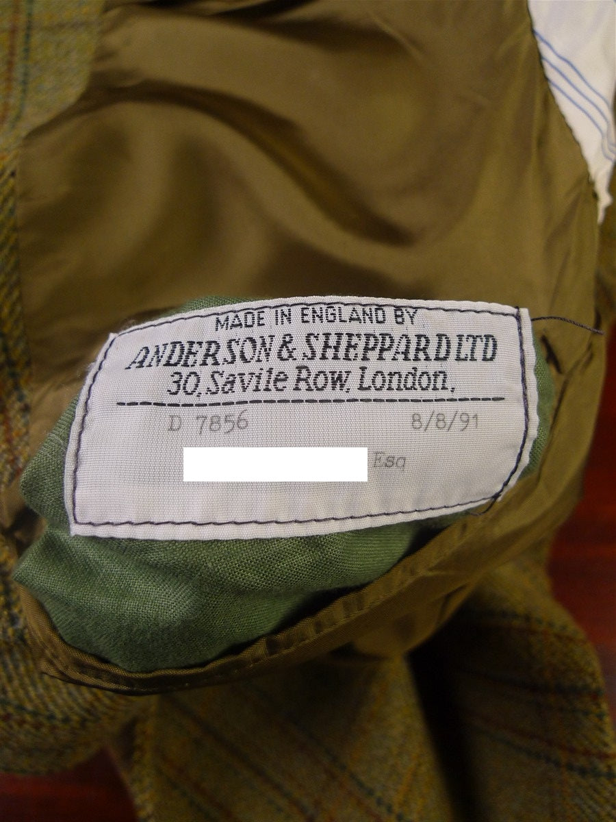 25/1057 exceptional 1991 anderson & sheppard savile row bespoke heavyweight green wp check tweed shooting suit w/ breeks 44-45 regular